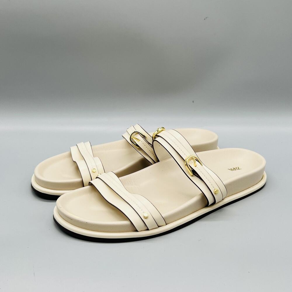 Zara Sandals Womens 8 White Faux Leather Strappy Buckle Slide Flat Shoes Comfort - Picture 3 of 11